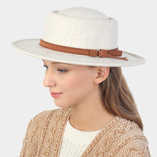 HATEGORY Faux Leather Trim Felt Fedora