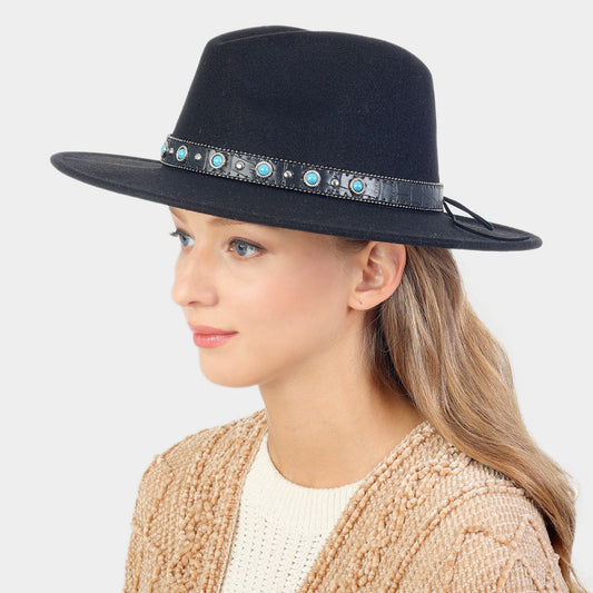 HATEGORY Turquoise Cowboy Trim Felt Panama Hat