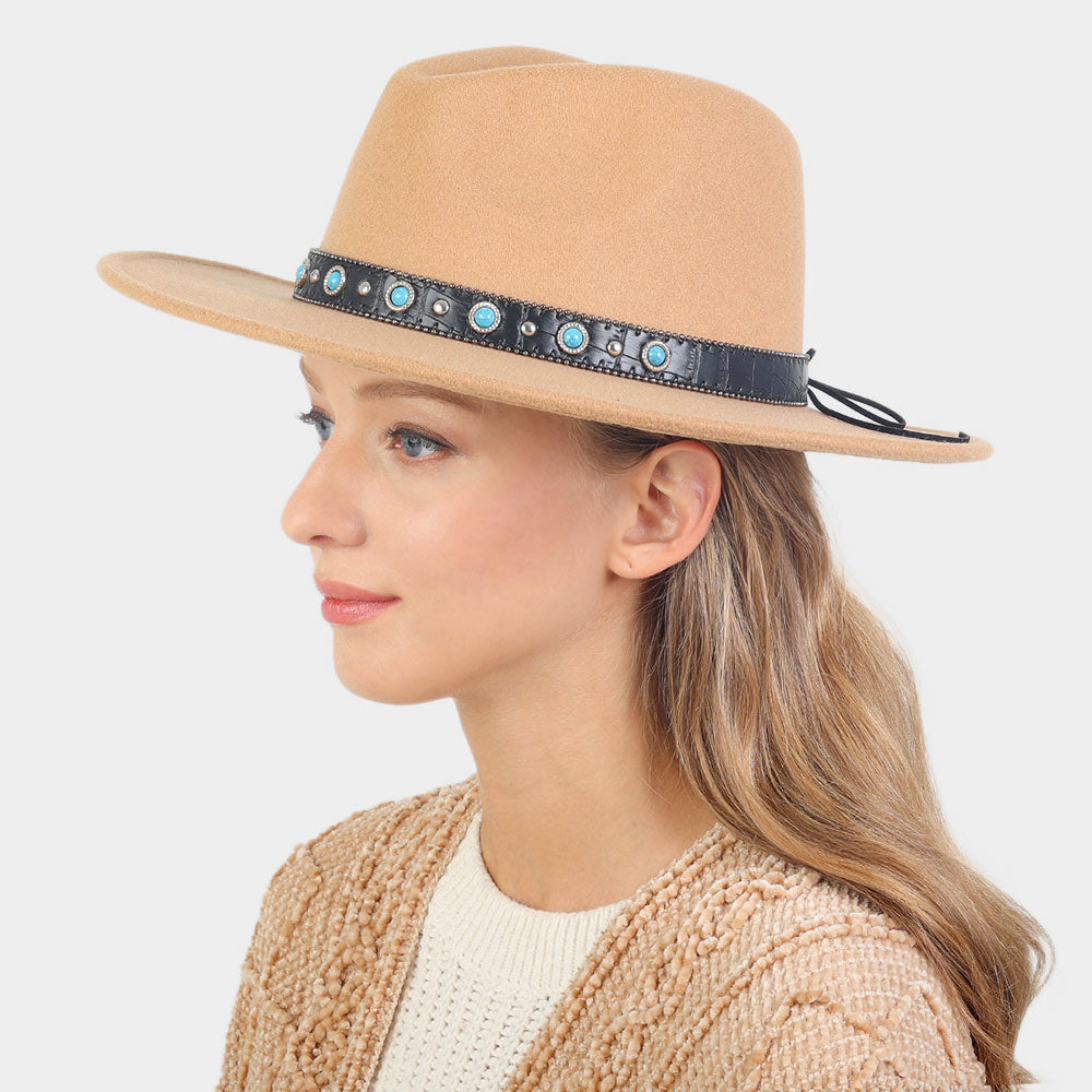 HATEGORY Turquoise Cowboy Trim Felt Panama Hat