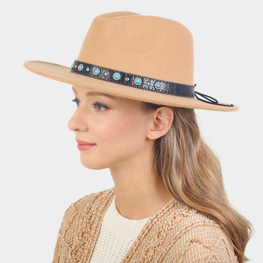 HATEGORY Turquoise Cowboy Trim Felt Panama Hat