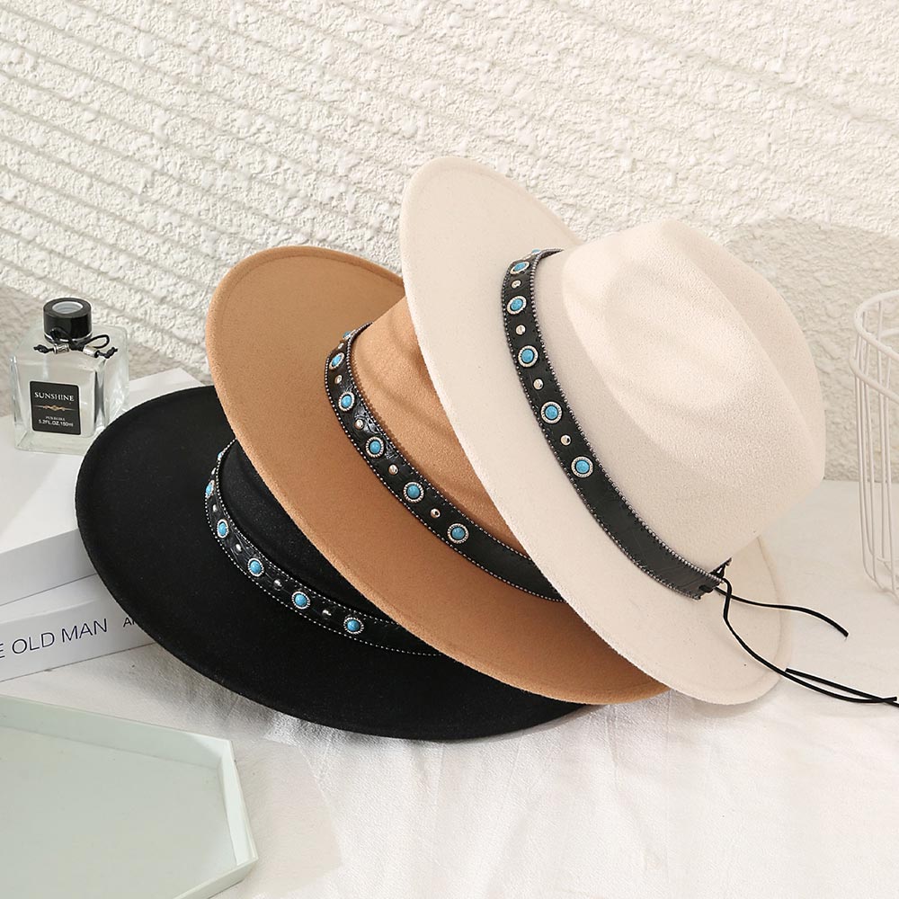HATEGORY Turquoise Cowboy Trim Felt Panama Hat