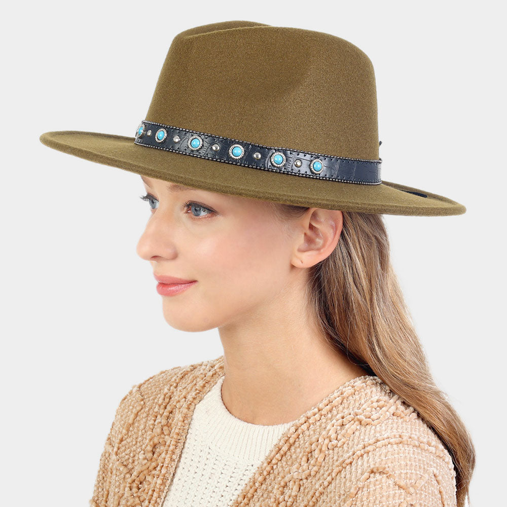 HATEGORY Turquoise Cowboy Trim Felt Panama Hat