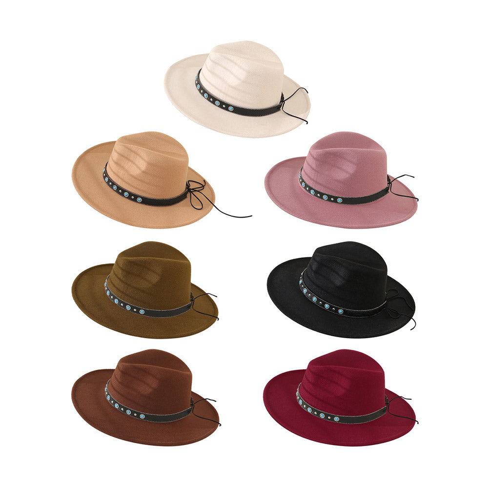 HATEGORY Turquoise Cowboy Trim Felt Panama Hat