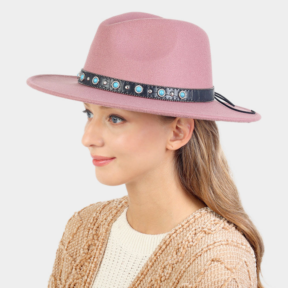 HATEGORY Turquoise Cowboy Trim Felt Panama Hat