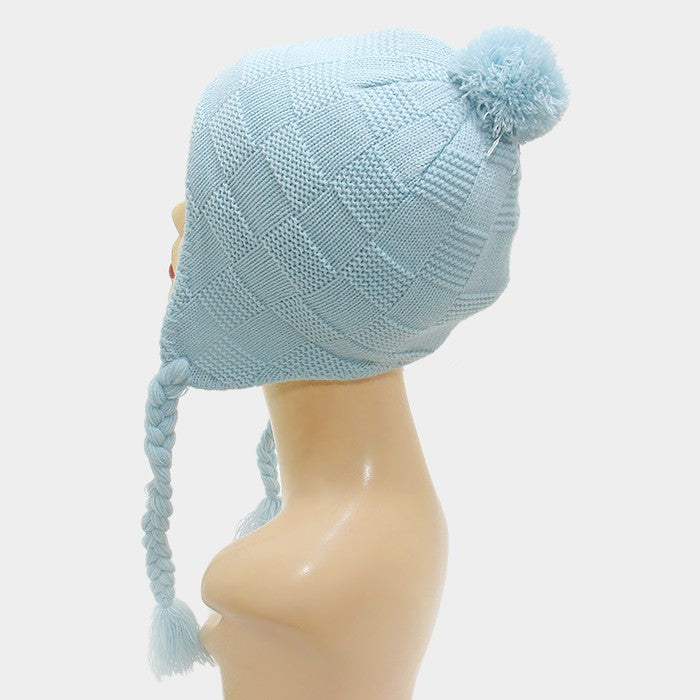HATEGORY Braided knit tassel drop pom pom earcuff hat