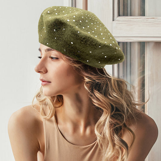 HATEGORY Bling Stone Wool Tam Beret Hat