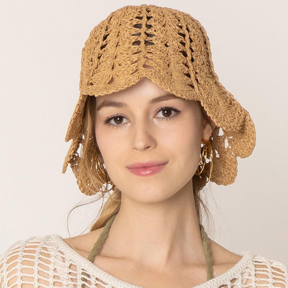 HATEGORY Open Weave Straw Bucket Hat