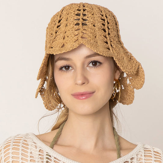 HATEGORY Open Weave Straw Bucket Hat
