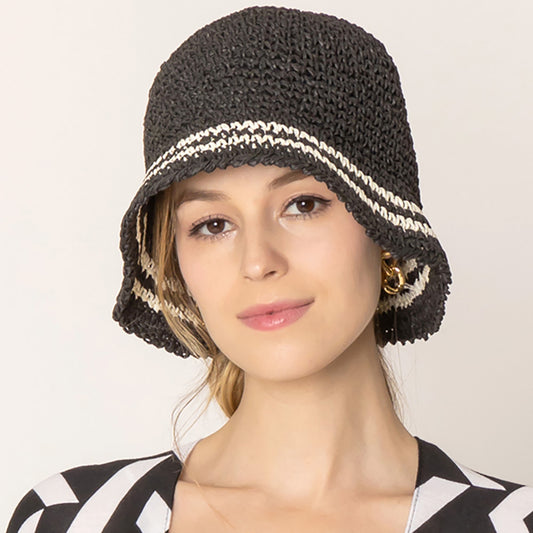 HATEGORY Stripe Straw Bucket Hat