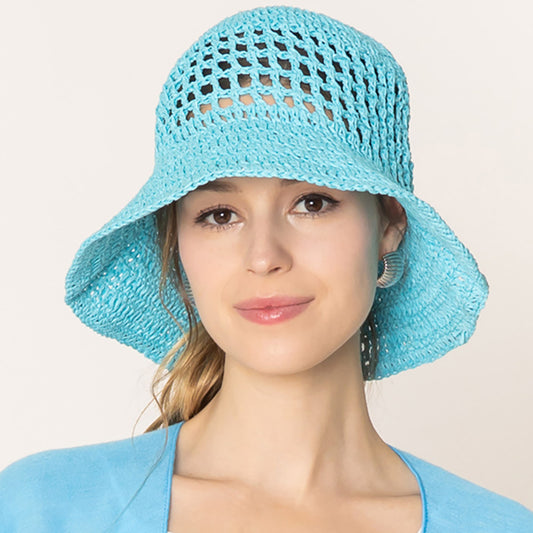 HATEGORY Open Weave Solid Straw Bucket Hat