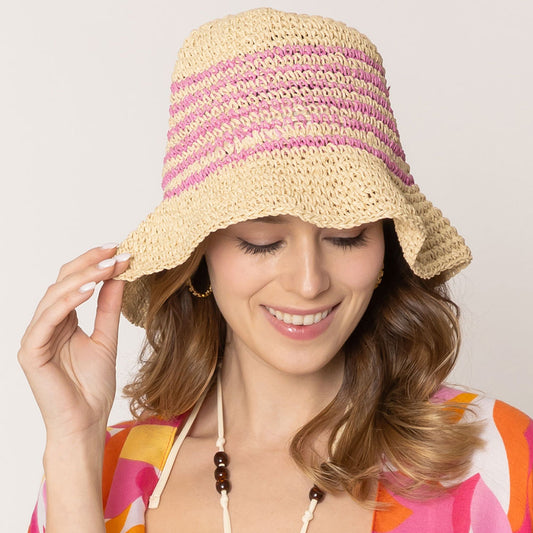 HATEGORY Two Tone Stripe Straw Bucket Hat