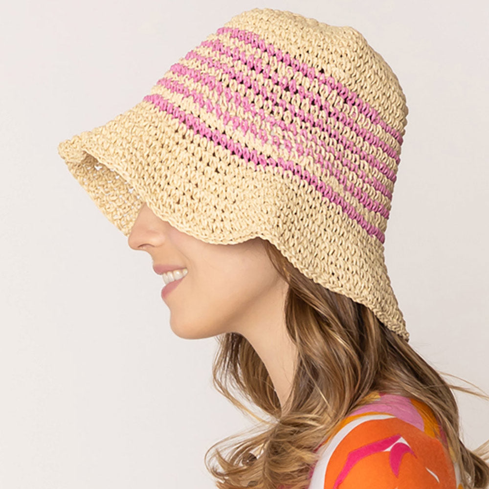 HATEGORY Two Tone Stripe Straw Bucket Hat