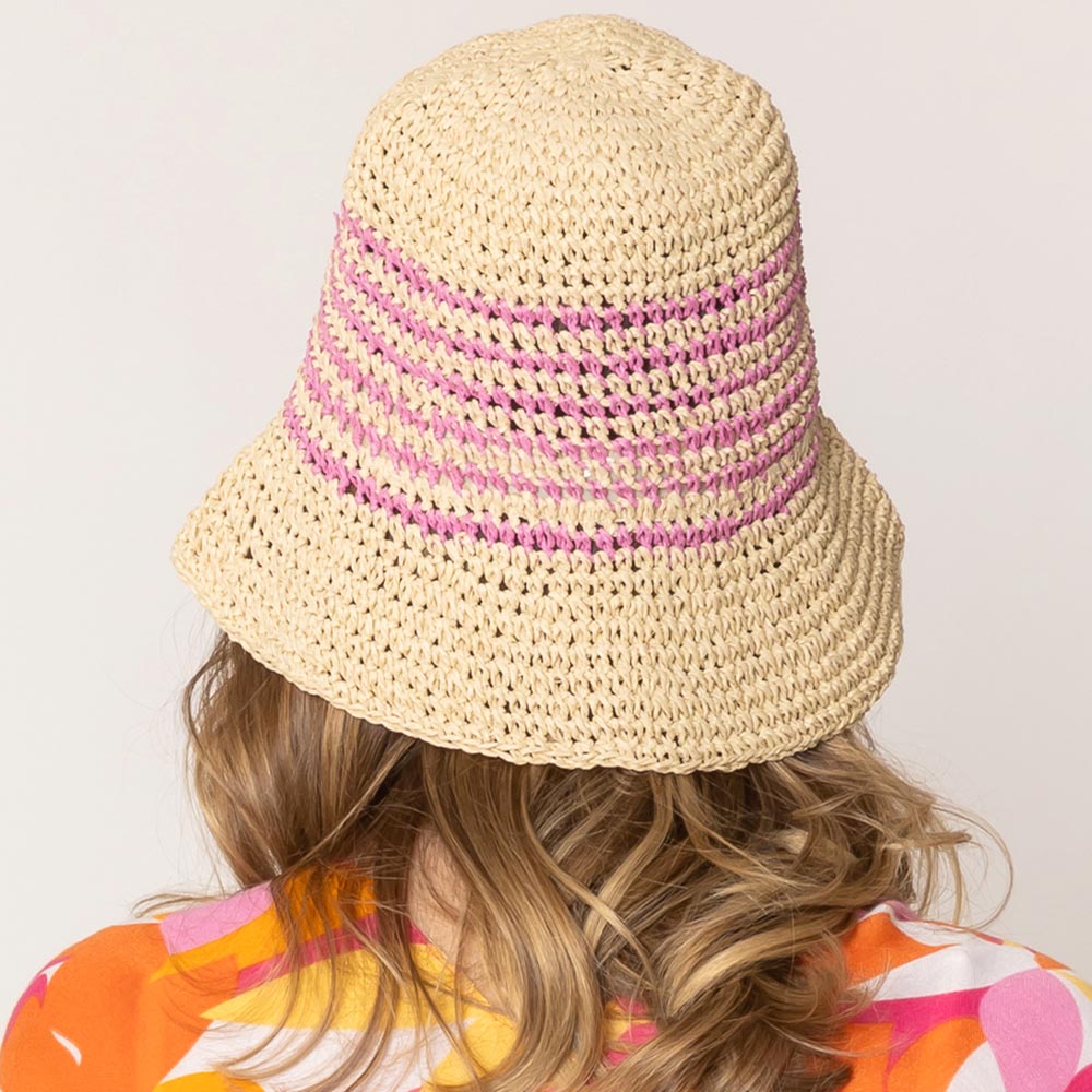 HATEGORY Two Tone Stripe Straw Bucket Hat