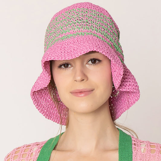 HATEGORY Two Tone Stripe Straw Bucket Hat