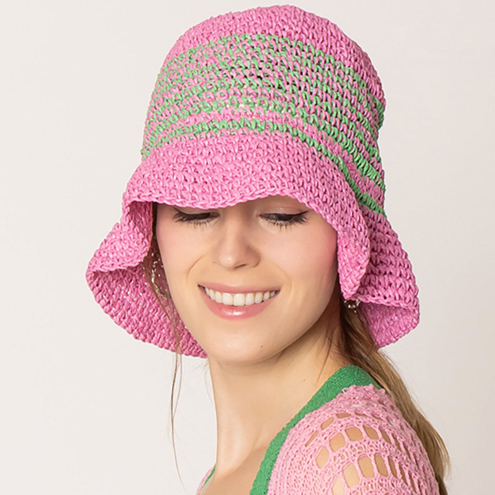 HATEGORY Two Tone Stripe Straw Bucket Hat