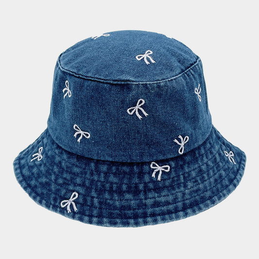 HATEGORY Embroidered Bow Denim Bucket Hat