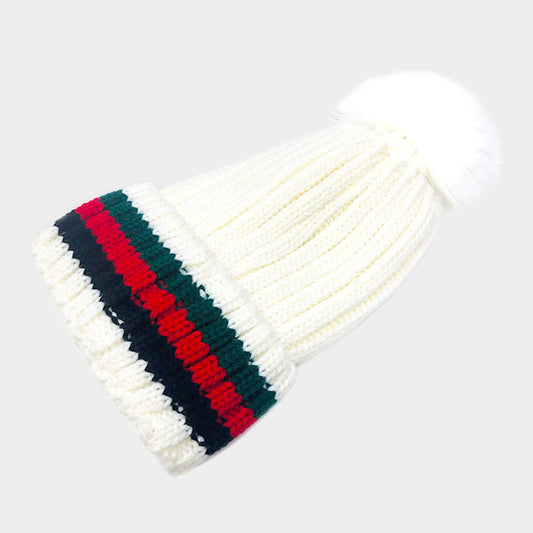 HATEGORY Color Block Knit Pom Pom Beanie Hat