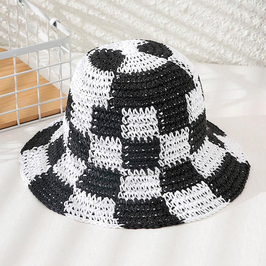 HATEGORY Checkerboard Patterned Straw Bucket Hat