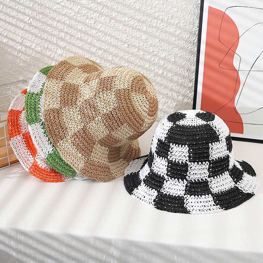 HATEGORY Checkerboard Patterned Straw Bucket Hat