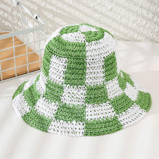 HATEGORY Checkerboard Patterned Straw Bucket Hat