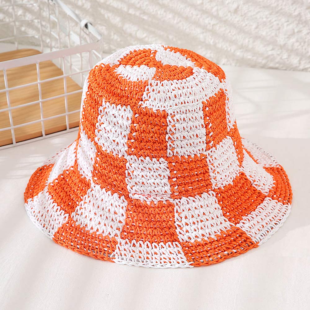 HATEGORY Checkerboard Patterned Straw Bucket Hat