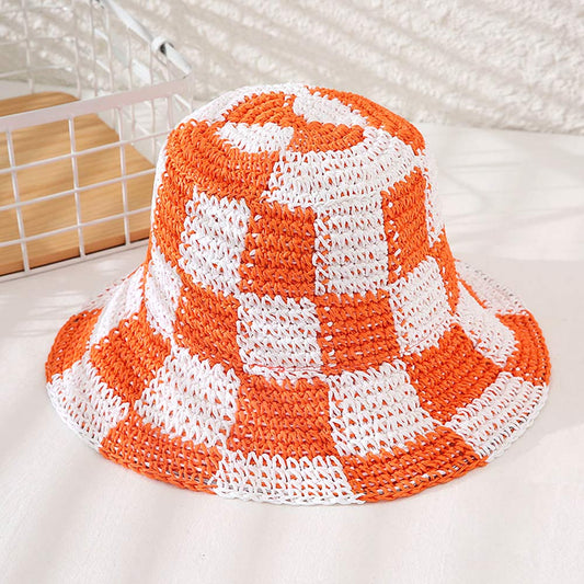 HATEGORY Checkerboard Patterned Straw Bucket Hat