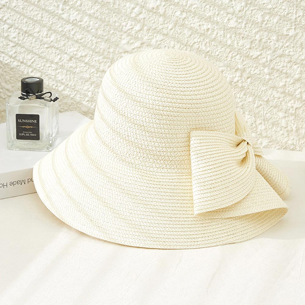 HATEGORY Big Bow Accented Straw Bowler Sun Hat