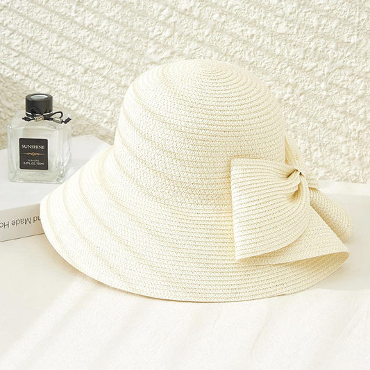 HATEGORY Big Bow Accented Straw Bowler Sun Hat