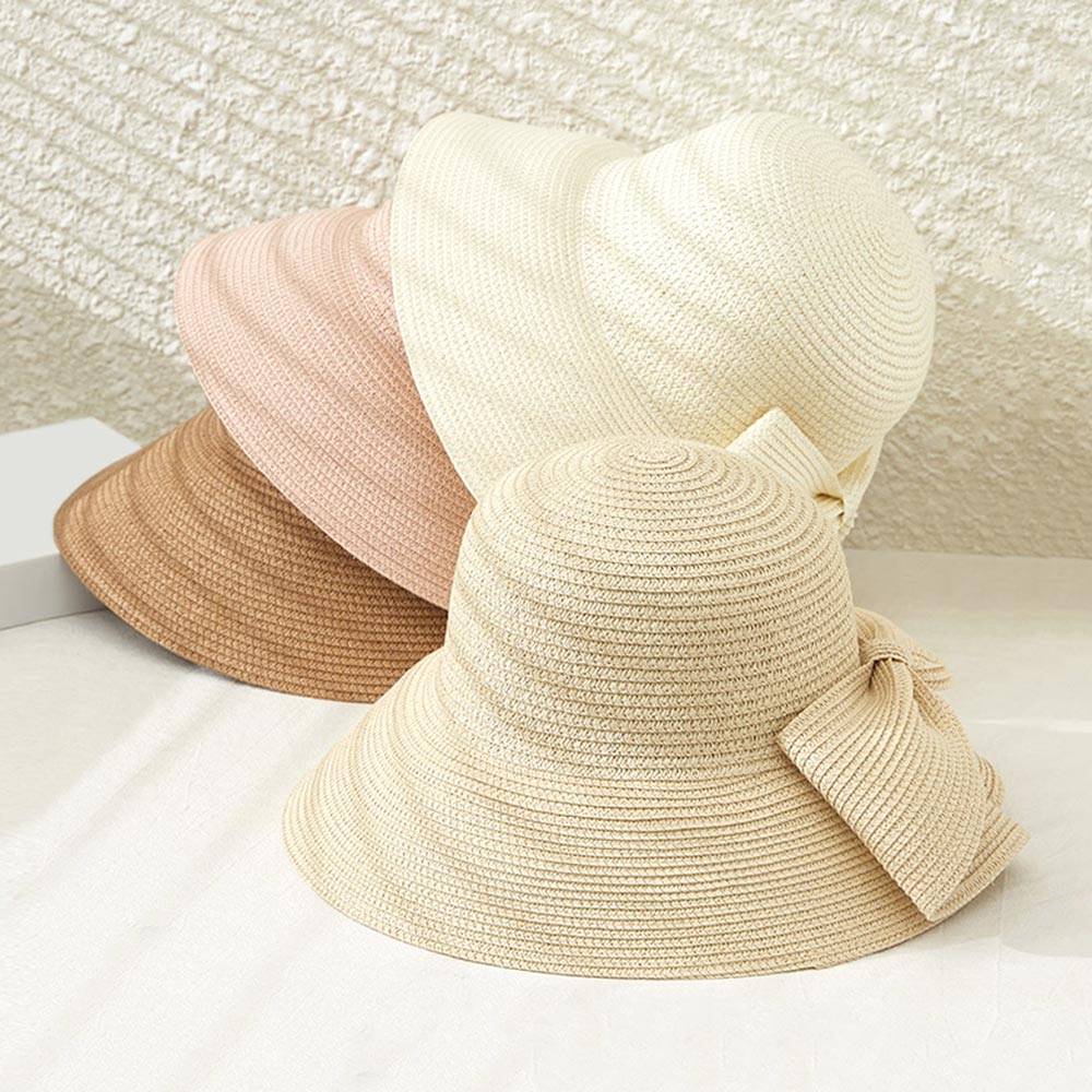 HATEGORY Big Bow Accented Straw Bowler Sun Hat
