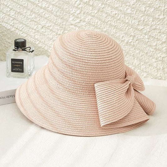 HATEGORY Big Bow Accented Straw Bowler Sun Hat