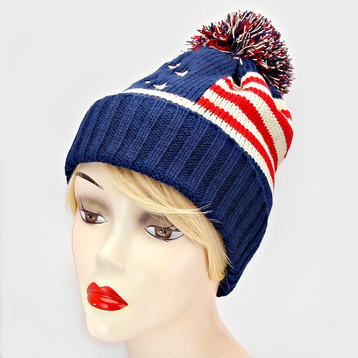 HATEGORY American Flag Knit Pom Pom Beanie Hat