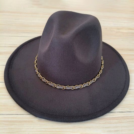 HATEGORY Faux Leather Braided Chain Band Pointed Fedora Hat