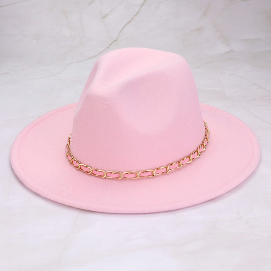 HATEGORY Faux Leather Braided Chain Band Pointed Fedora Hat