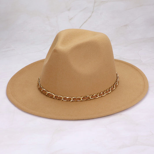 HATEGORY Faux Leather Braided Chain Band Pointed Fedora Hat
