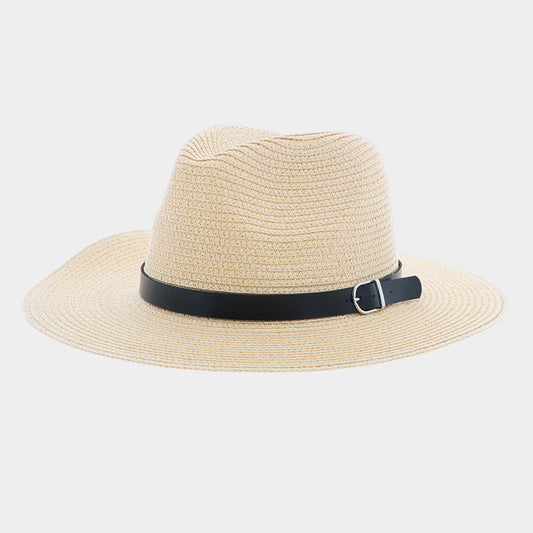 HATEGORY Faux Leather Buckle Band Straw Panama Sun Hat