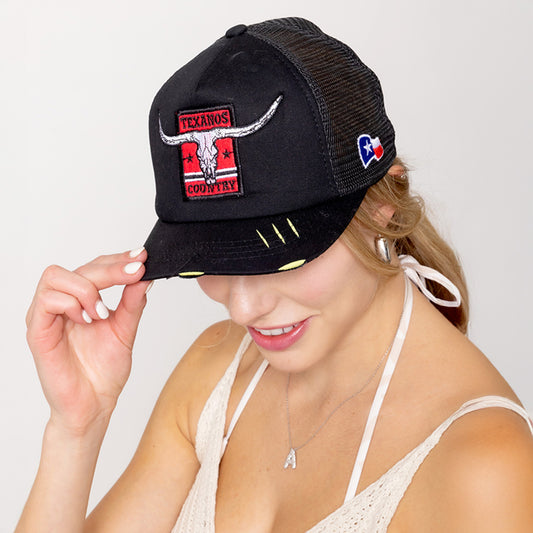 HATEGORY TEXANOS COUNTRY Message Texas Steer Head Embroidered Mesh Back Trucker Hat