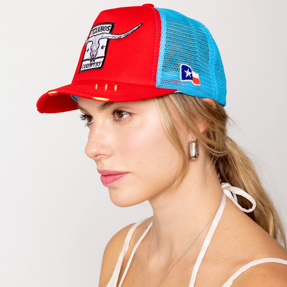HATEGORY TEXANOS COUNTRY Message Texas Steer Head Embroidered Mesh Back Trucker Hat