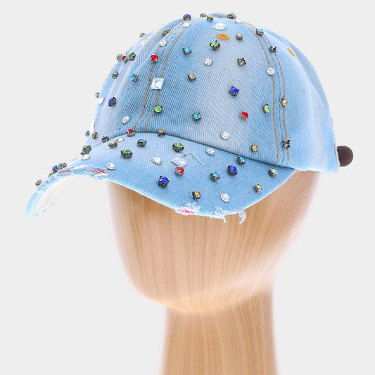 HATEGORY Multi Stone Embellished Denim Baseball Cap