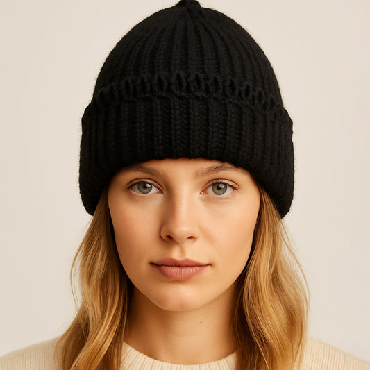HATEGORY Chunky Ribbed Knit Loop Trim Winter Beanie Hat