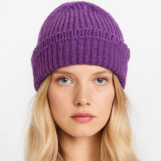 HATEGORY Chunky Ribbed Knit Loop Trim Winter Beanie Hat