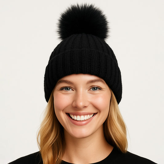 HATEGORY Solid Knit Pom Pom Winter Beanie Hat