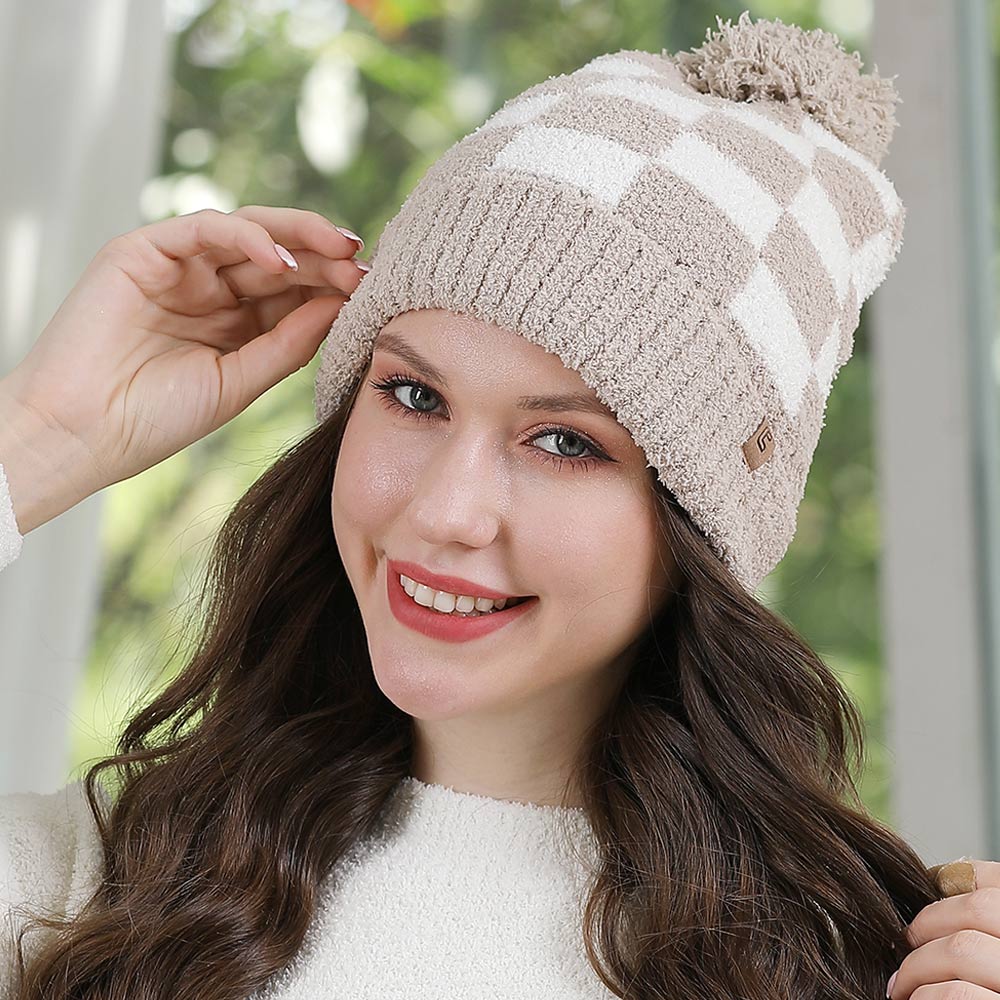 HATEGORY Checkered Beanie with Pom Pom