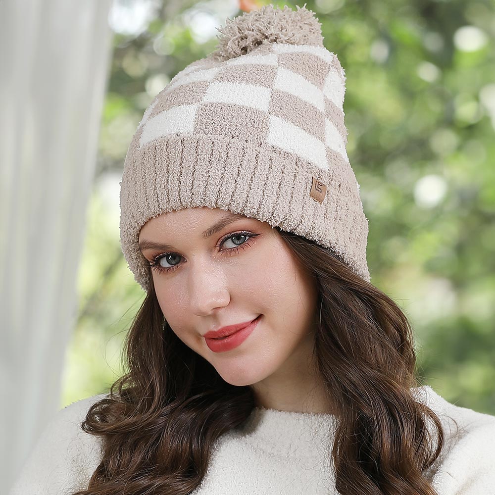 HATEGORY Checkered Beanie with Pom Pom