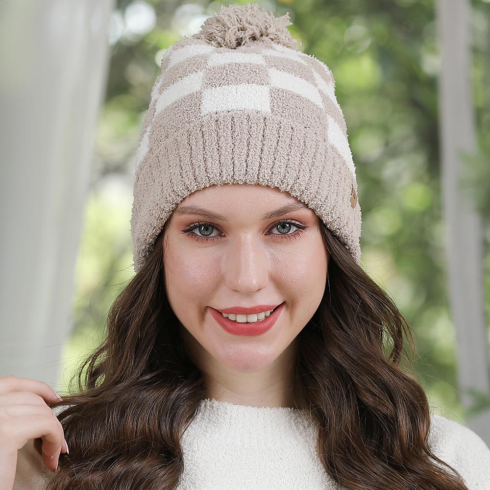 HATEGORY Checkered Beanie with Pom Pom