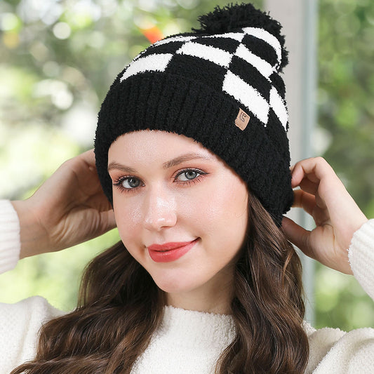 HATEGORY Checkered Beanie with Pom Pom