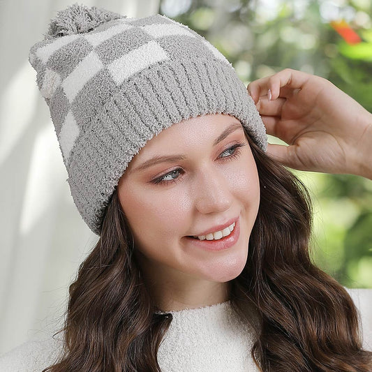 HATEGORY Checkered Beanie with Pom Pom