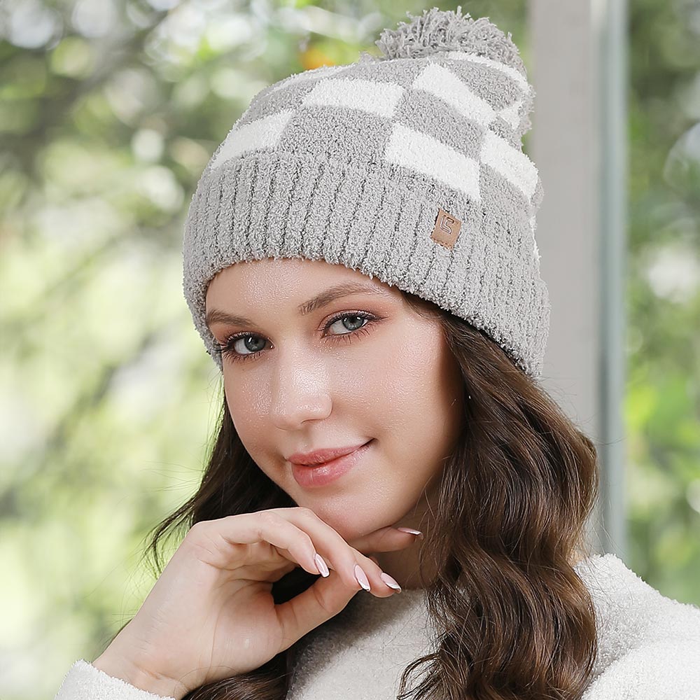 HATEGORY Checkered Beanie with Pom Pom