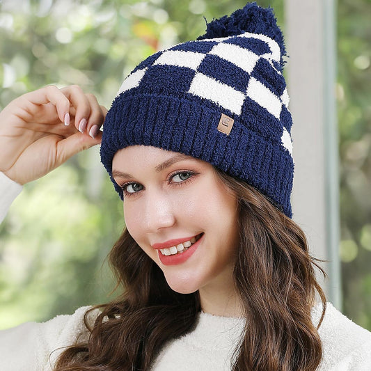 HATEGORY Checkered Beanie with Pom Pom