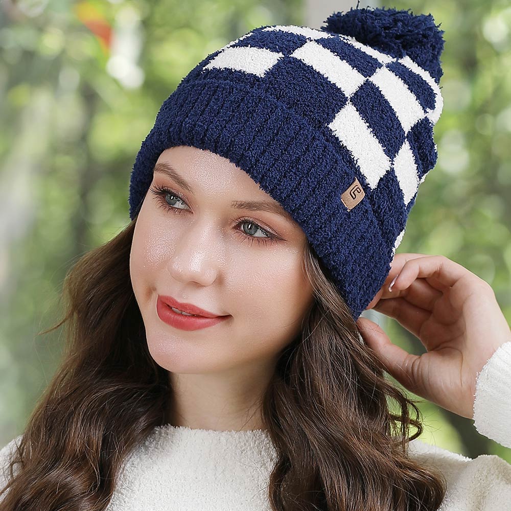 HATEGORY Checkered Beanie with Pom Pom