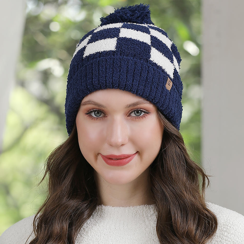 HATEGORY Checkered Beanie with Pom Pom